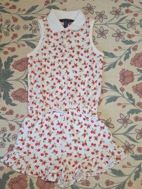 Ralph Lauren White Polo Collar Strawberry Print Romper